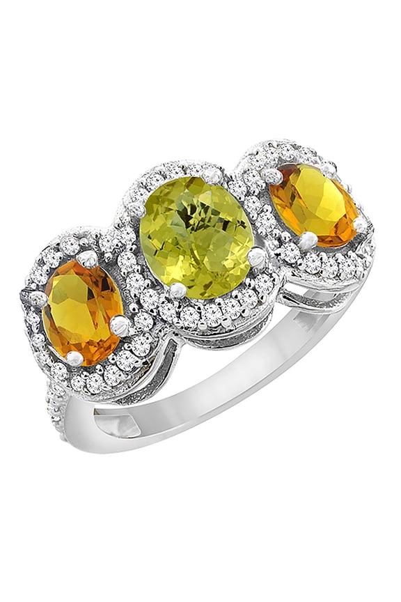 14K White Gold Natural Lemon Quartz & Citrine 3-Stone Ring Oval Diamond Accent, size 10