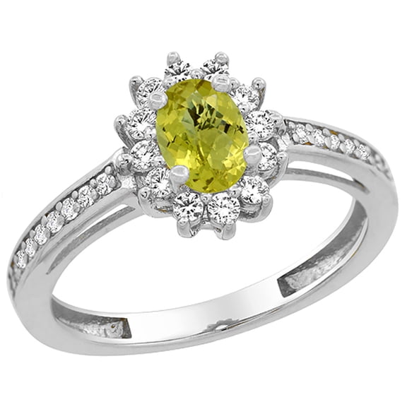 14K White Gold Natural Lemon Quartz Flower Halo Ring Oval 6x4mm Diamond Accents, size 5.5