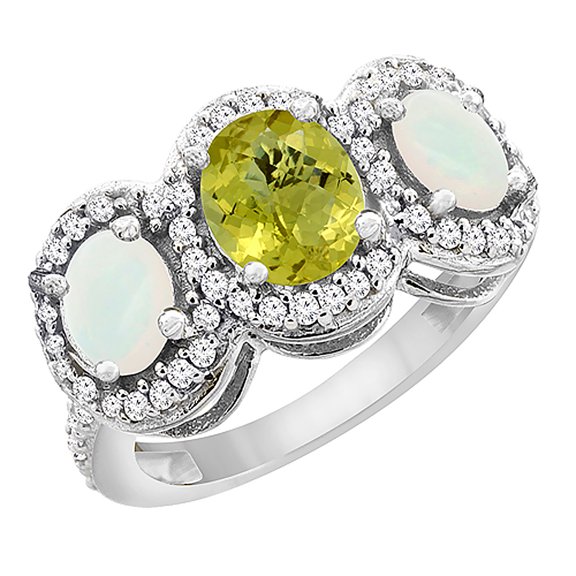 14K White Gold Natural Lemon Quartz & Opal 3-Stone Ring Oval Diamond Accent, size 8.5