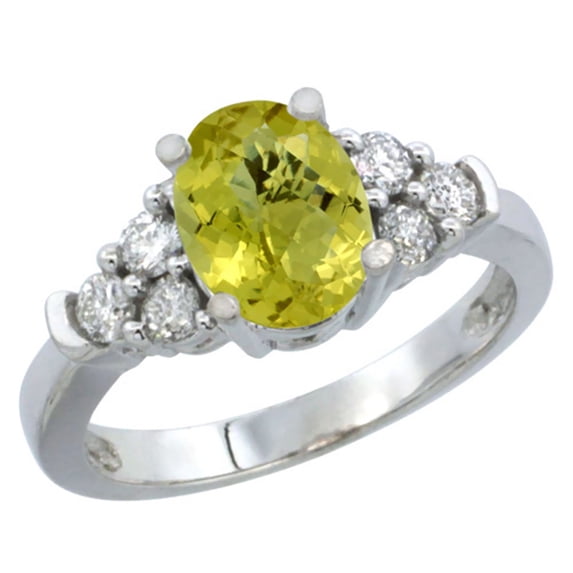 14K White Gold Natural Lemon Quartz Ring Oval 9x7mm Diamond Accent, size 7.5
