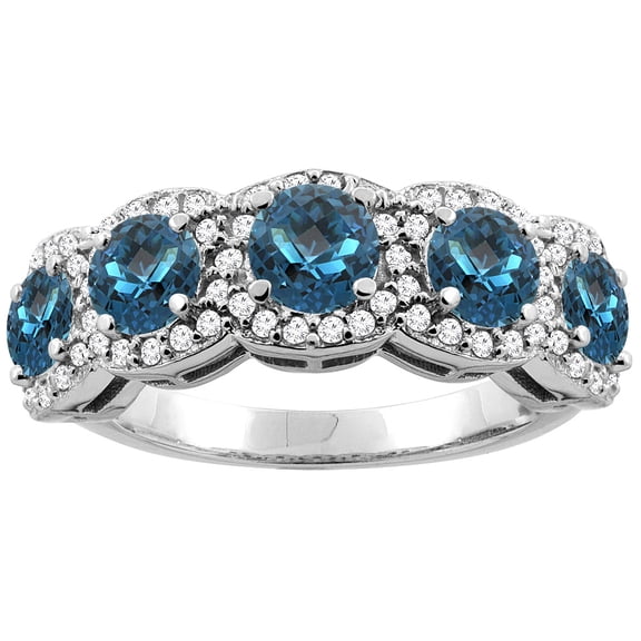 14K White Gold Natural London Blue Topaz 5-Stone Ring Round 4mm, size 5