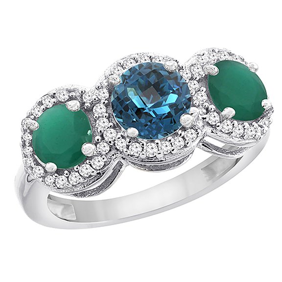 14K White Gold Natural London Blue Topaz & Emerald Sides Round 3-stone Ring Diamond Accents, size 8
