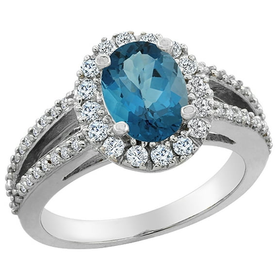 14K White Gold Natural London Blue Topaz Halo Ring Oval 8x6 mm with Diamond Accents, size 8