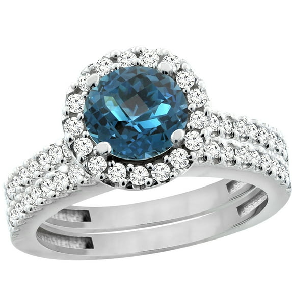 14K White Gold Natural London Blue Topaz Round 6mm 2-Piece Engagement Ring Set Floating Halo Diamond, size 5.5