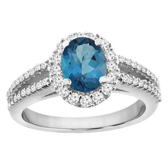 14K White Gold Natural London Blue Topaz Split Shank Halo Engagement Ring Oval 7x5 mm, size 8.5