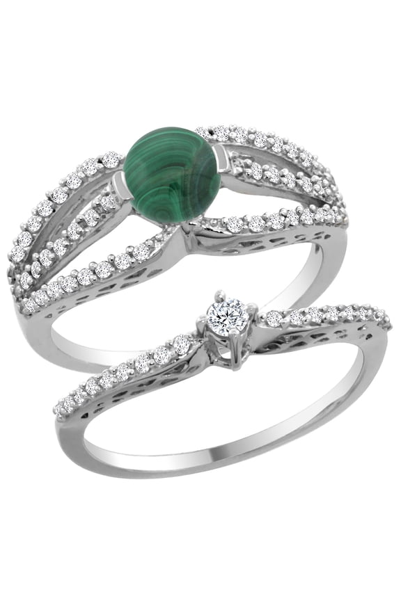14K White Gold Natural Malachite 2-piece Engagement Ring Set Round 5mm, size 9