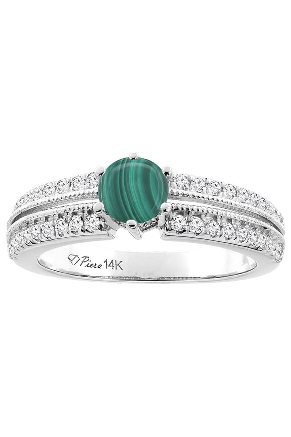 14K White Gold Natural Malachite & Diamond Ring Round 6 mm, size 8.5