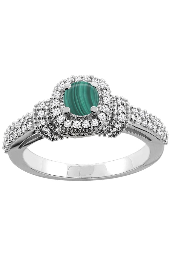 14K White Gold Natural Malachite Engagement Halo Ring Round 5mm Diamond Accents, size 8