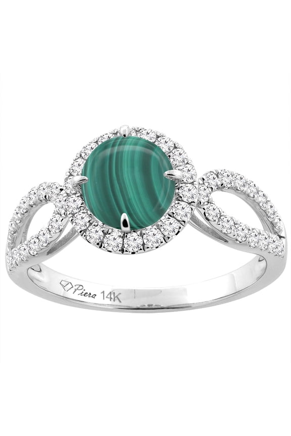 14K White Gold Natural Malachite Engagement Halo Ring Round 6 mm & Diamond Accents, size 7