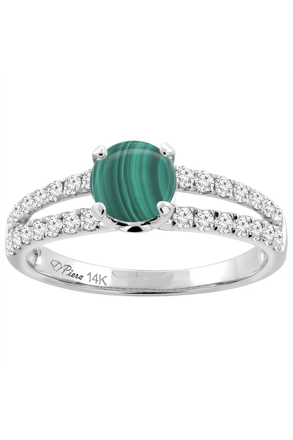 14K White Gold Natural Malachite Engagement Ring Round 6 mm Split Shank Diamond Accents, size 7
