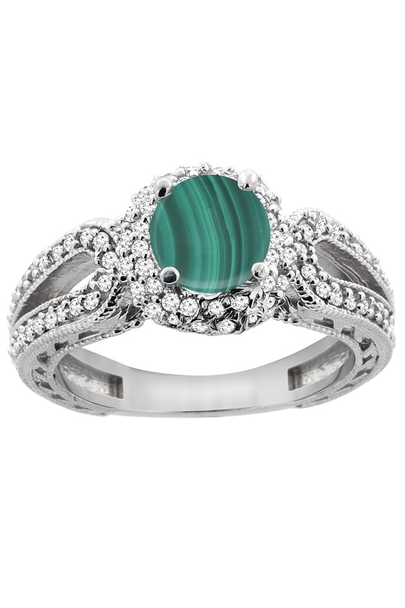 14K White Gold Natural Malachite Engagement Ring Round 6mm Engraved Split Shank Diamond Accents, size 10