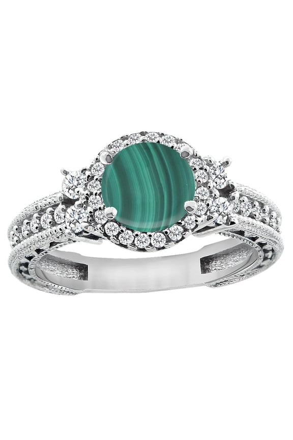 14K White Gold Natural Malachite Halo Engagement Ring Round 6mm Diamond Accents, size 6