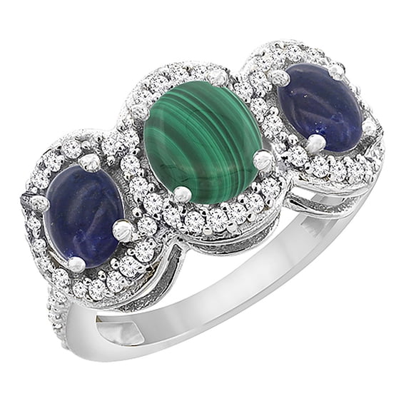 14K White Gold Natural Malachite & Lapis 3-Stone Ring Oval Diamond Accent, size 6.5