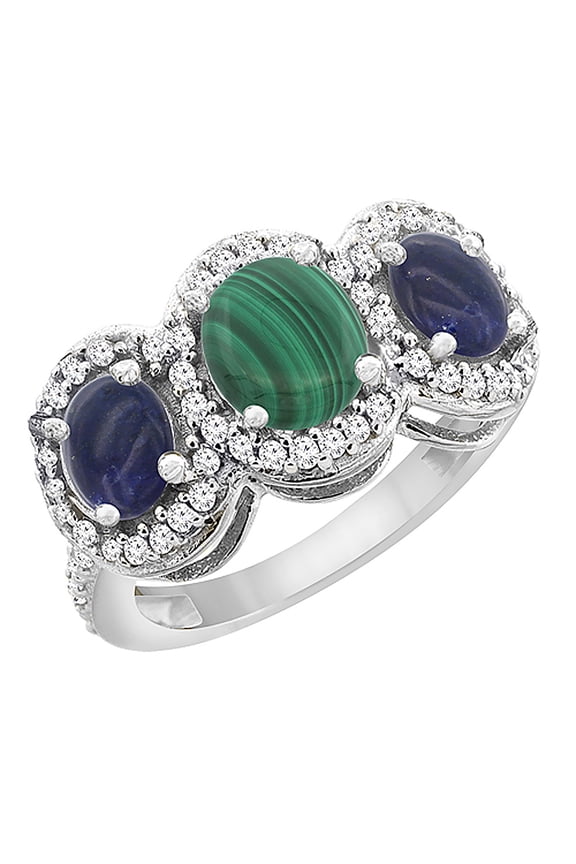 14K White Gold Natural Malachite & Lapis 3-Stone Ring Oval Diamond Accent, size 6
