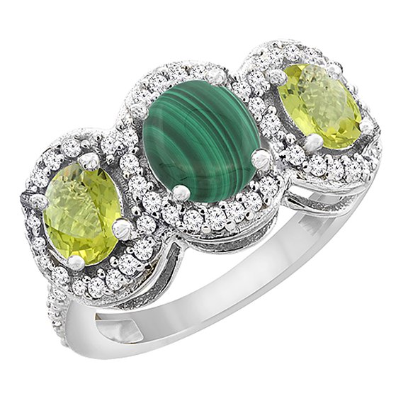 14K White Gold Natural Malachite & Lemon Quartz 3-Stone Ring Oval Diamond Accent, size 9