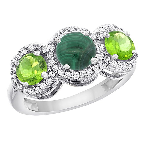 14K White Gold Natural Malachite & Peridot Sides Round 3-stone Ring Diamond Accents, size 9.5