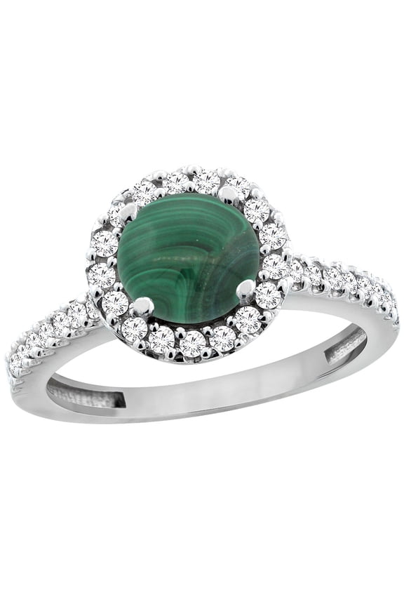 14K White Gold Natural Malachite Ring Round 6mm Floating Halo Diamond, size 8.5