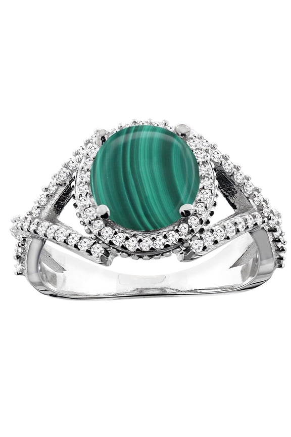 14K White Gold Natural Malachite Ring Round 8mm Diamond Accent, size 9