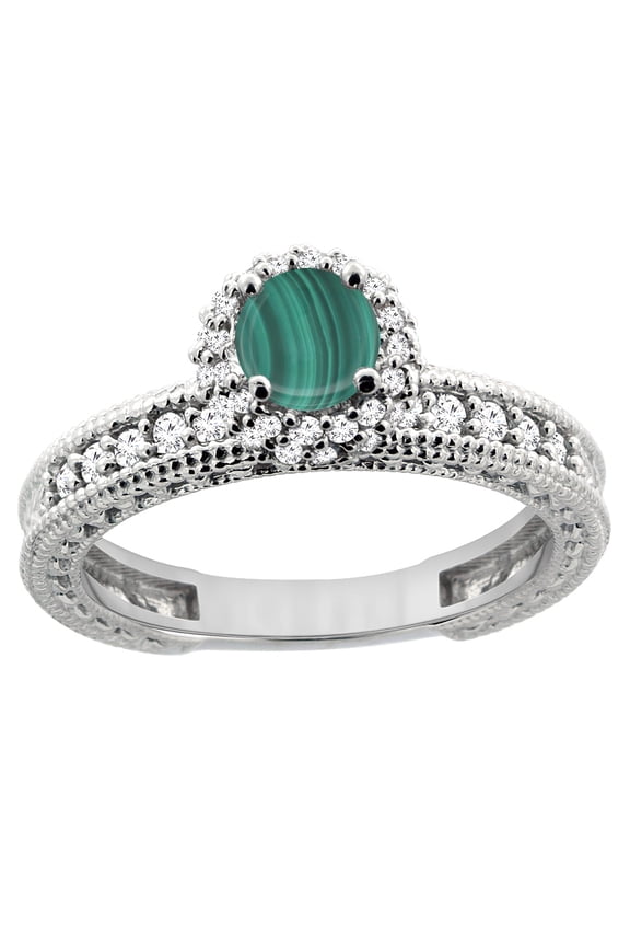 14K White Gold Natural Malachite Round 5mm Engagement Ring Diamond Accents, size 9