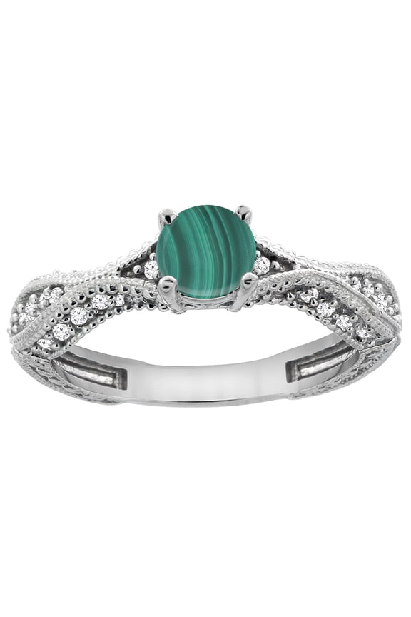 14K White Gold Natural Malachite Round 5mm Engraved Engagement Ring Diamond Accents, size 7