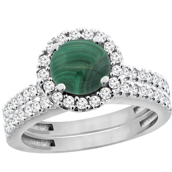 14K White Gold Natural Malachite Round 6mm 2-Piece Engagement Ring Set Floating Halo Diamond, size 5
