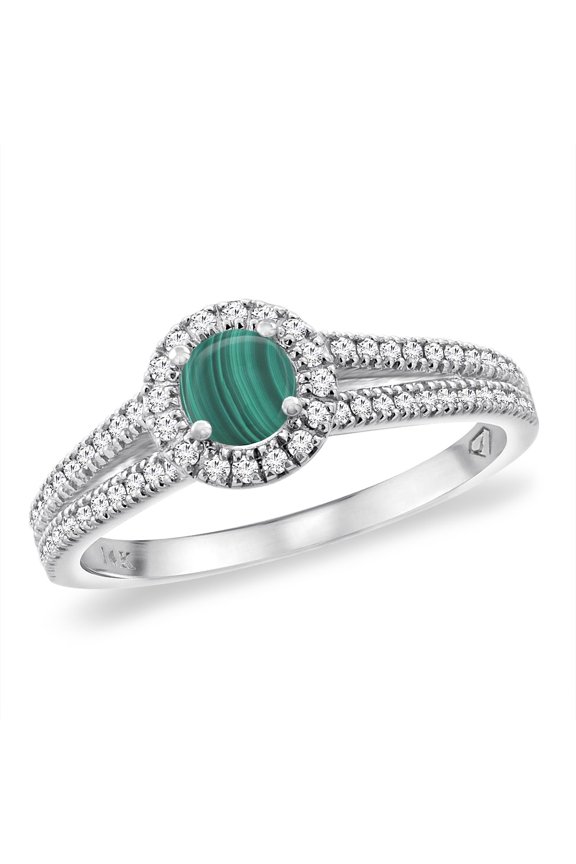 14K White Gold Natural Malachite Split Shank Diamond Halo Engagement Ring 4mm Round, size 8