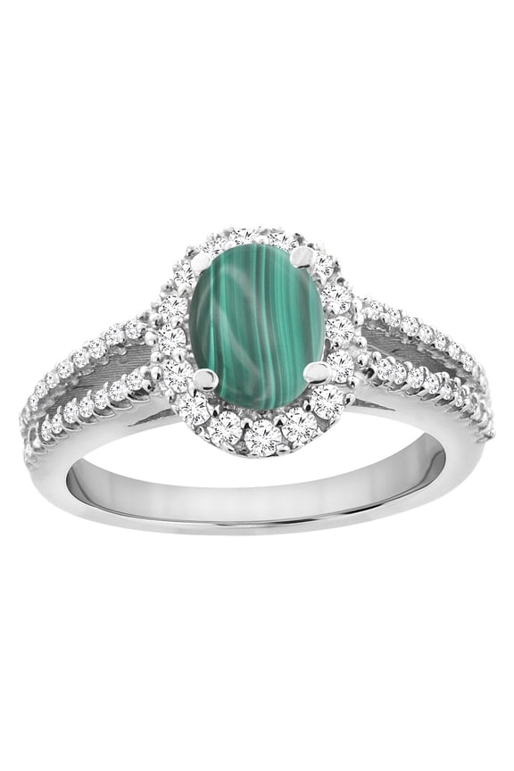 14K White Gold Natural Malachite Split Shank Halo Engagement Ring Oval 7x5 mm, size 6