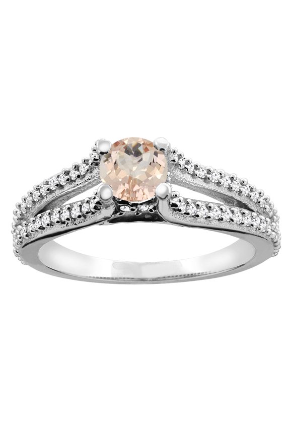14K White Gold Natural Morganite Engagement Split Shank Ring Round 5mm Diamond Accents, size 5