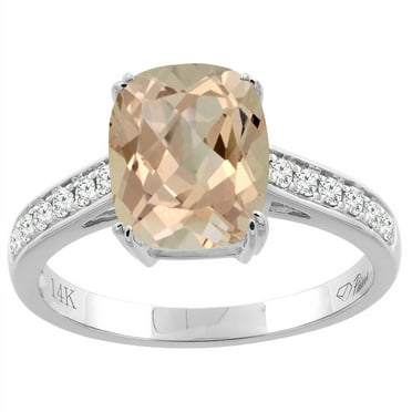 14K White Gold Natural Morganite Ring Cushion Cut 9x7 mm Diamond Accents, size 5.5