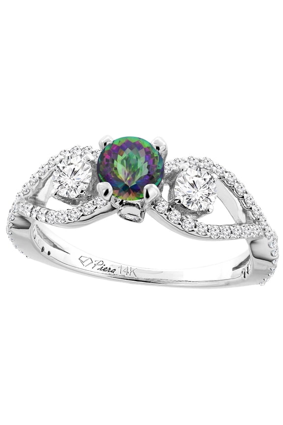 14K White Gold Natural Mystic Topaz & Diamond Ring Round 6 mm, size 6