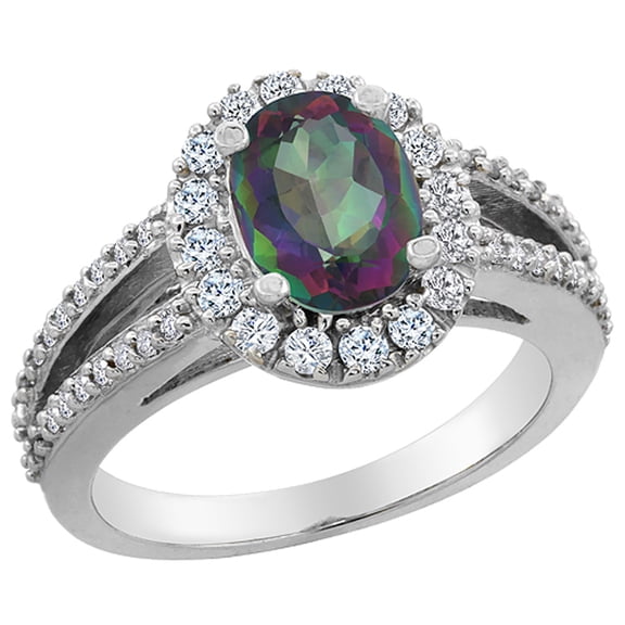 14K White Gold Natural Mystic Topaz Halo Ring Oval 8x6 mm with Diamond Accents, size 7