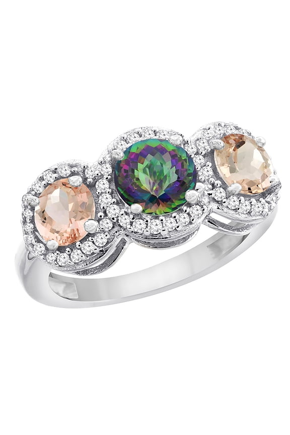 14K White Gold Natural Mystic Topaz & Morganite Sides Round 3-stone Ring Diamond Accents, size 8