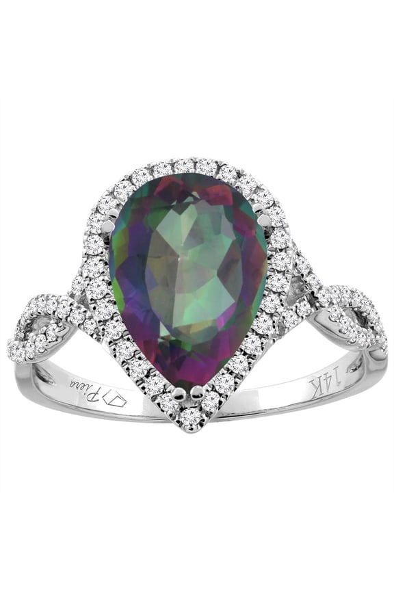 14K White Gold Natural Mystic Topaz Ring Pear Shape 12x8 mm Diamond Accents, size 7.5