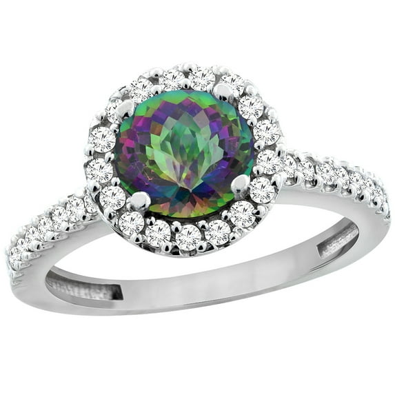 14K White Gold Natural Mystic Topaz Ring Round 6mm Floating Halo Diamond, size 7.5
