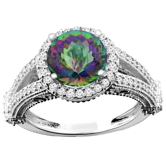 14K White Gold Natural Mystic Topaz Ring Round 8mm Diamond Accent, size 10