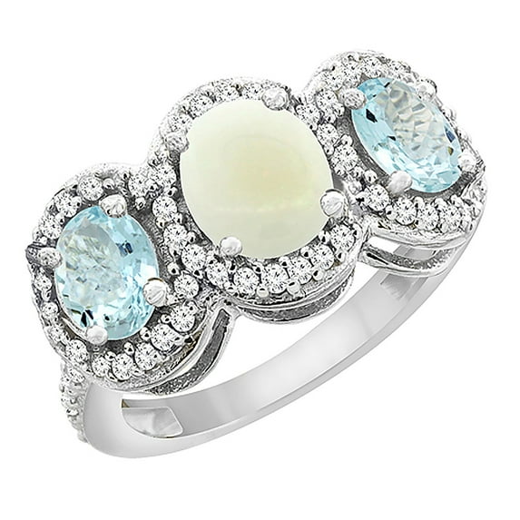 14K White Gold Natural Opal & Aquamarine 3-Stone Ring Oval Diamond Accent, size 9