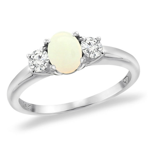14K White Gold Natural Opal Engagement Ring Diamond Accents Oval 7x5 mm, size 7