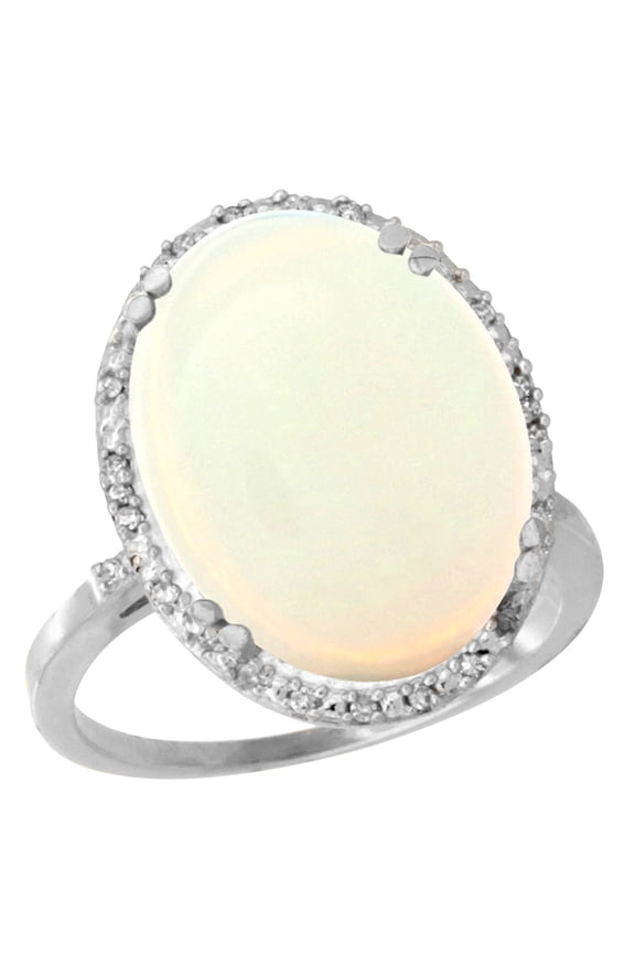 14K White Gold Natural Opal Ring Large Oval 18x13mm Diamond Halo, size 5