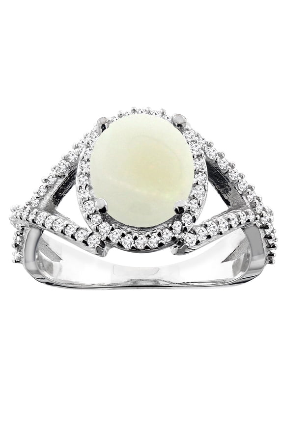 14K White Gold Natural Opal Ring Oval 9x7mm Diamond Accent, size 8
