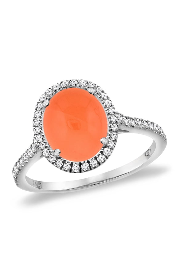 14K White Gold Natural Orange Moonstone Diamond Halo Engagement Ring 10x8 mm Oval, size 9.5