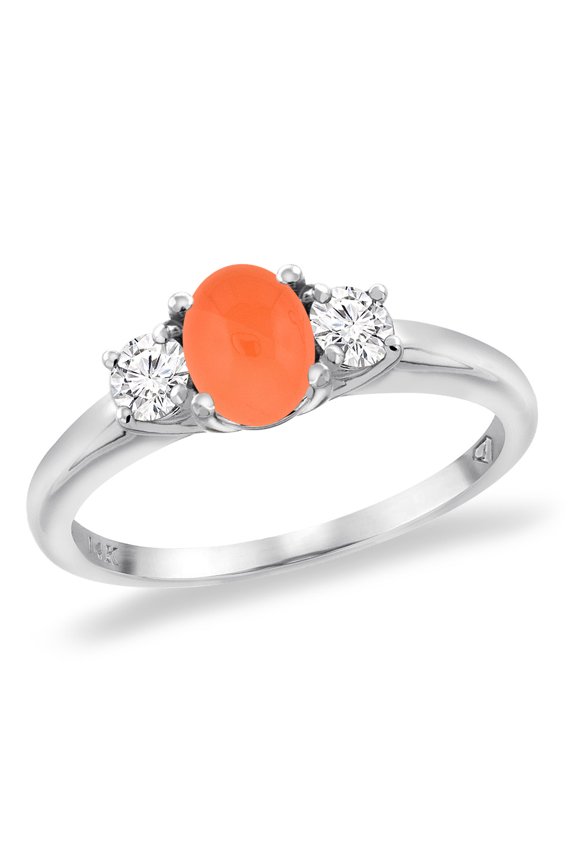 14K White Gold Natural Orange Moonstone Engagement Ring Diamond Accents Oval 7x5 mm, size 9.5