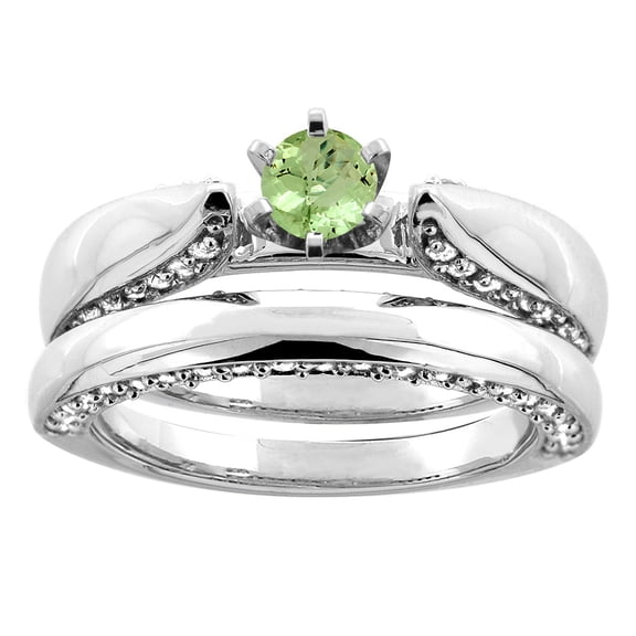 14K White Gold Natural Peridot 2-piece Bridal Ring Set Diamond Accents Round 5mm, size 6