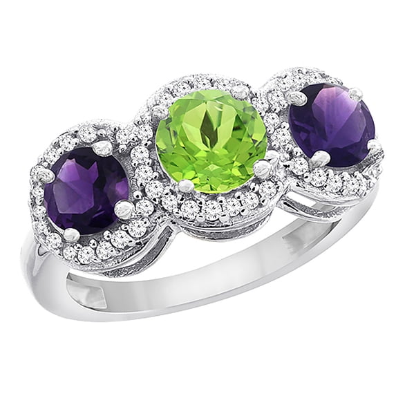 14K White Gold Natural Peridot & Amethyst Sides Round 3-stone Ring Diamond Accents, size 6.5