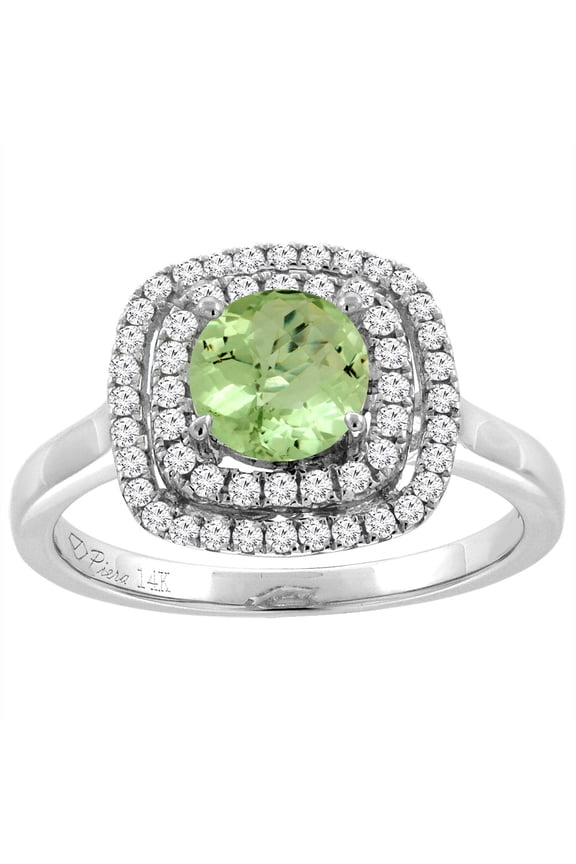 14K White Gold Natural Peridot Double Halo Diamond Engagement Ring Round 7 mm, size 9.5