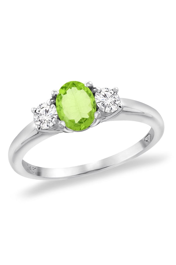 14K White Gold Natural Peridot Engagement Ring Diamond Accents Oval 7x5 mm, size 5.5