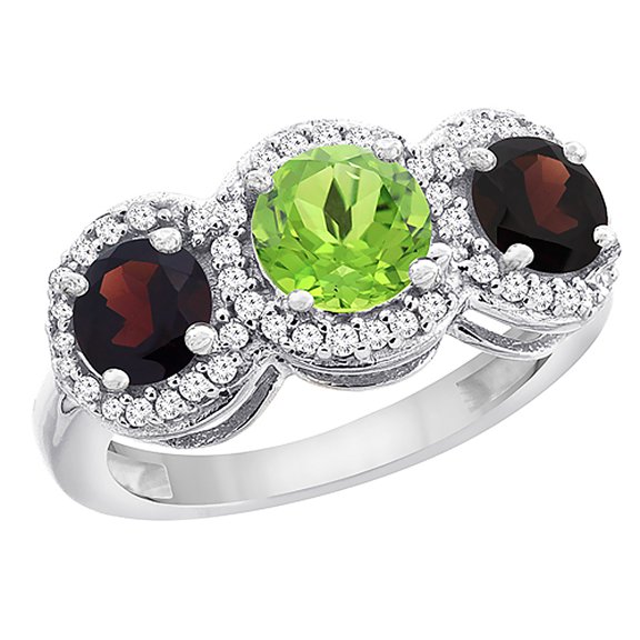 14K White Gold Natural Peridot & Garnet Sides Round 3-stone Ring Diamond Accents, size 9