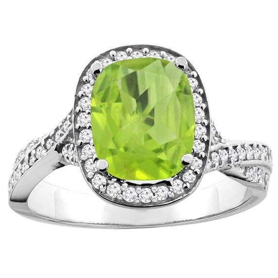 14K White Gold Natural Peridot Halo Ring Cushion 9x7mm Diamond Accent, size 5