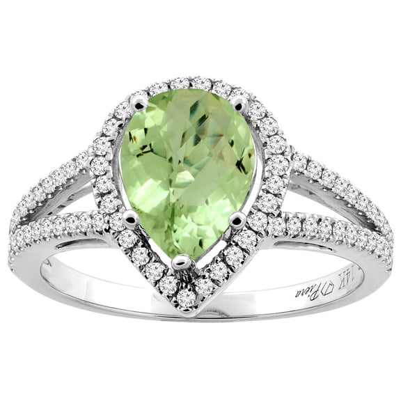 14K White Gold Natural Peridot Ring Pear Shape 9x7 mm Diamond Accents, size 7.5