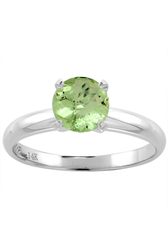 14K White Gold Natural Peridot Solitaire Engagement Ring Round 7 mm, size 9.5