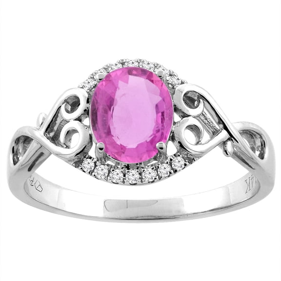 14K White Gold Natural Pink Sapphire Ring Oval 8x6 mm Diamond & Heart Accents, size 8